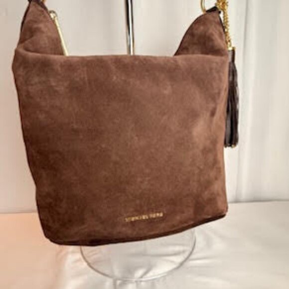 Michael Kors AUTHENTICATED Brown Suede Leather Hobo Bag Gold Chain Tassel Boho - Picture 3 of 15
